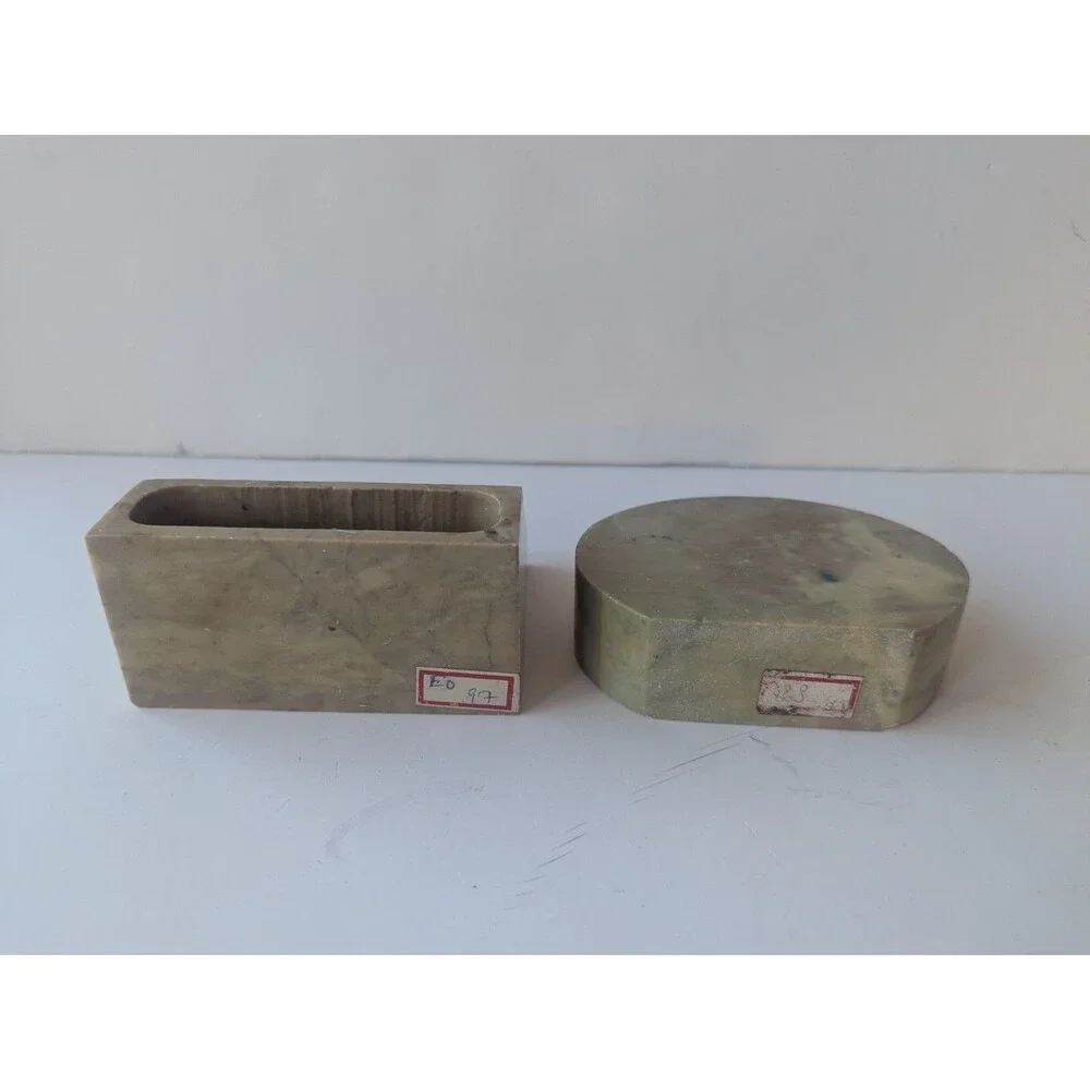 Vtg Soapstone Set Of 2  Decorative Desk Pen & Business Card Holder Hand Carved